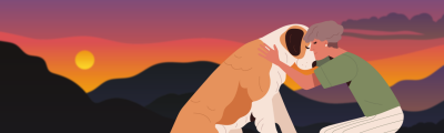 Graphic of a person hugging a dog with a sunset in the background.